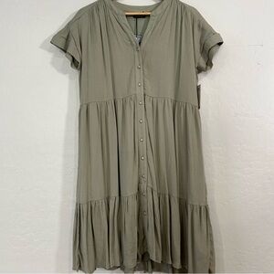 Mikarose Sage Green Tiered Midi Dress Large Rayon Short Sleeve Button Front NWT